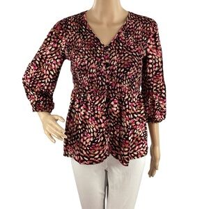 Cato Smocked Empire Waist Blouse Black Pink Print Size Small